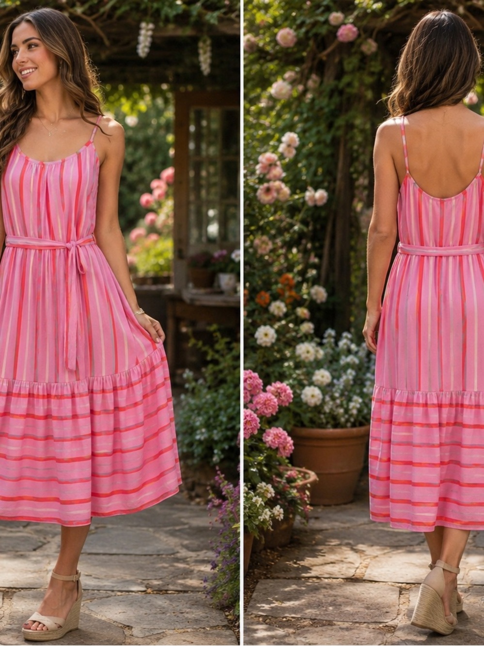 Sleeveless Pink Striped Midi Dress with Tie Waist